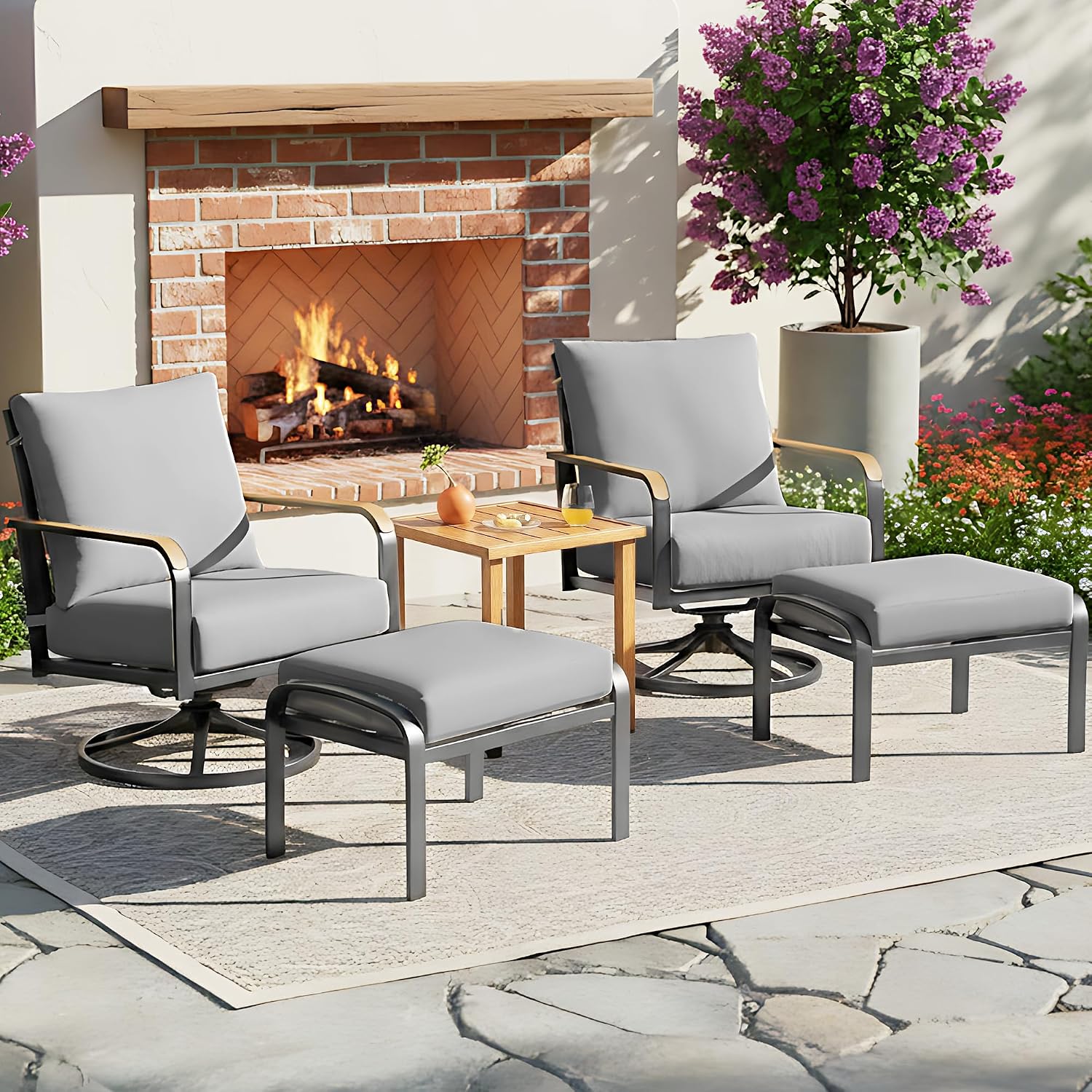 NATURAL EXPRESSIONS Patio Furniture Set,Outdoor Patio Chairs with 2 Swivel Glider Rocking Chairs,5 Piece Outdoor Conversation Set with Ottomans,All Weather Sturdy Frame,6' Cushions for Garden,Yard