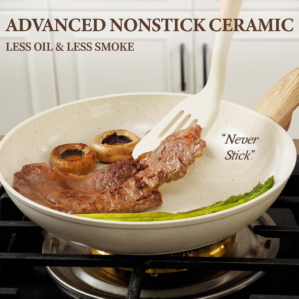 26Pcs Pots and Pans Nonstick Ceramic Cookware Set Nontoxic Kitchen Cooking Set with Steamers Utensils Induction Compatible, PFAS/PFOA Free, Oven and Dishwasher Safe, Cream White