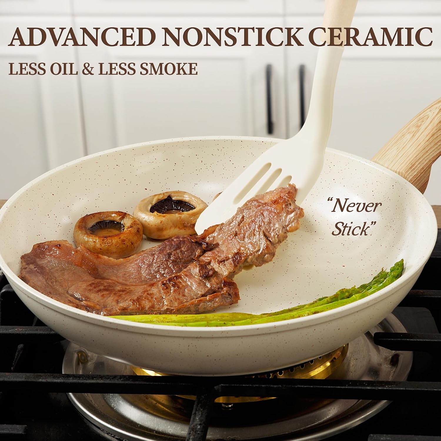 26Pcs Pots and Pans Nonstick Ceramic Cookware Set Nontoxic Kitchen Cooking Set with Steamers Utensils Induction Compatible, PFAS/PFOA Free, Oven and Dishwasher Safe, Cream White