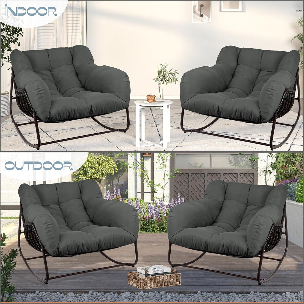Papasan Rocking Chair Indoor & Outdoor, Oversized Patio Rocking Chairs with Padded Cushion& Pillow-Comfortable Rocker Egg Chair for Front Porch, Garden, Patio, Backyard,Grey,1PC