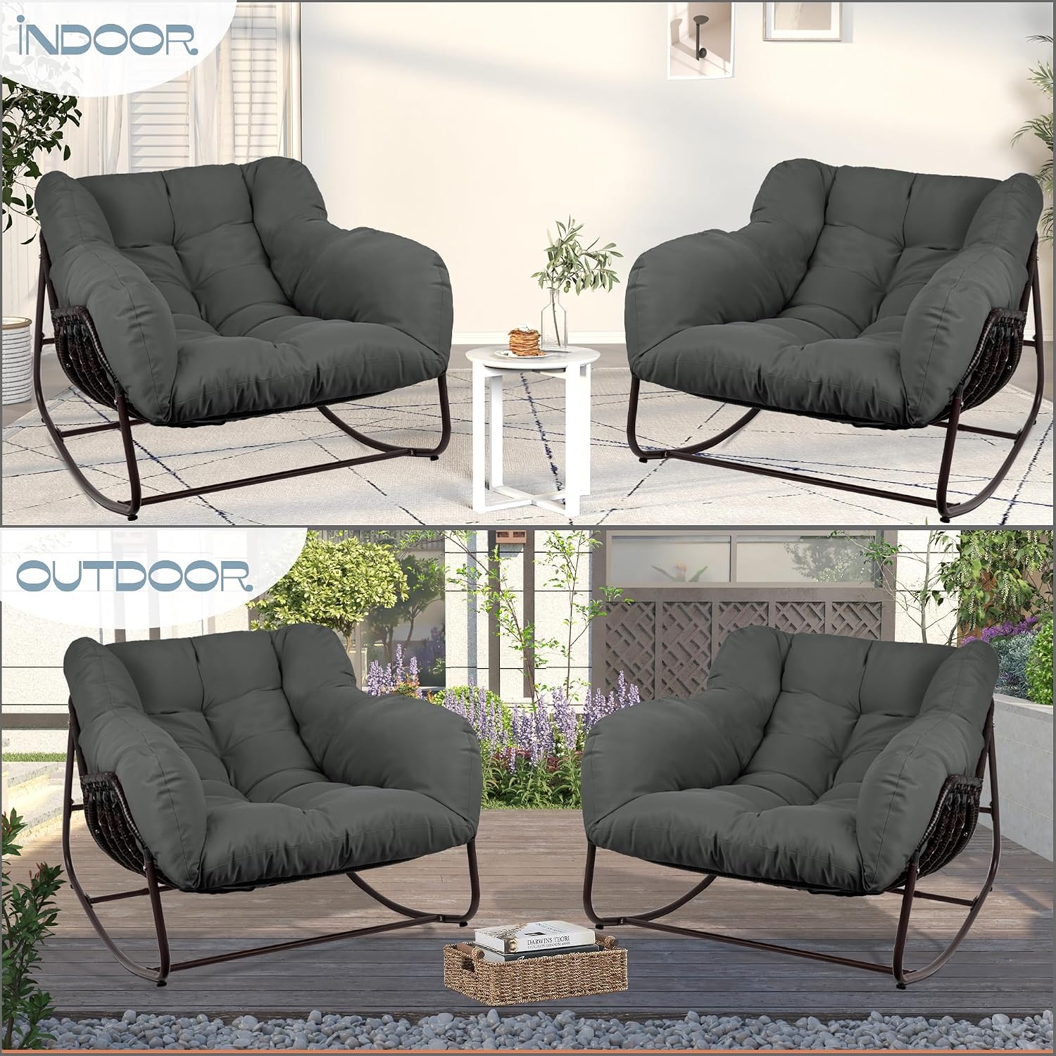 Papasan Rocking Chair Indoor & Outdoor, Oversized Patio Rocking Chairs with Padded Cushion& Pillow-Comfortable Rocker Egg Chair for Front Porch, Garden, Patio, Backyard,Grey,1PC