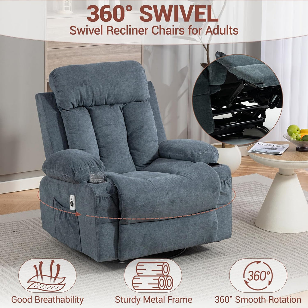 360° Swivel Rocking Chair, Rocker Recliner Chair with Vibration Massage and Heat, Ergonomic Lounge Chairs with Rocking Function and Side Pocket, Cup Holders, Blue
