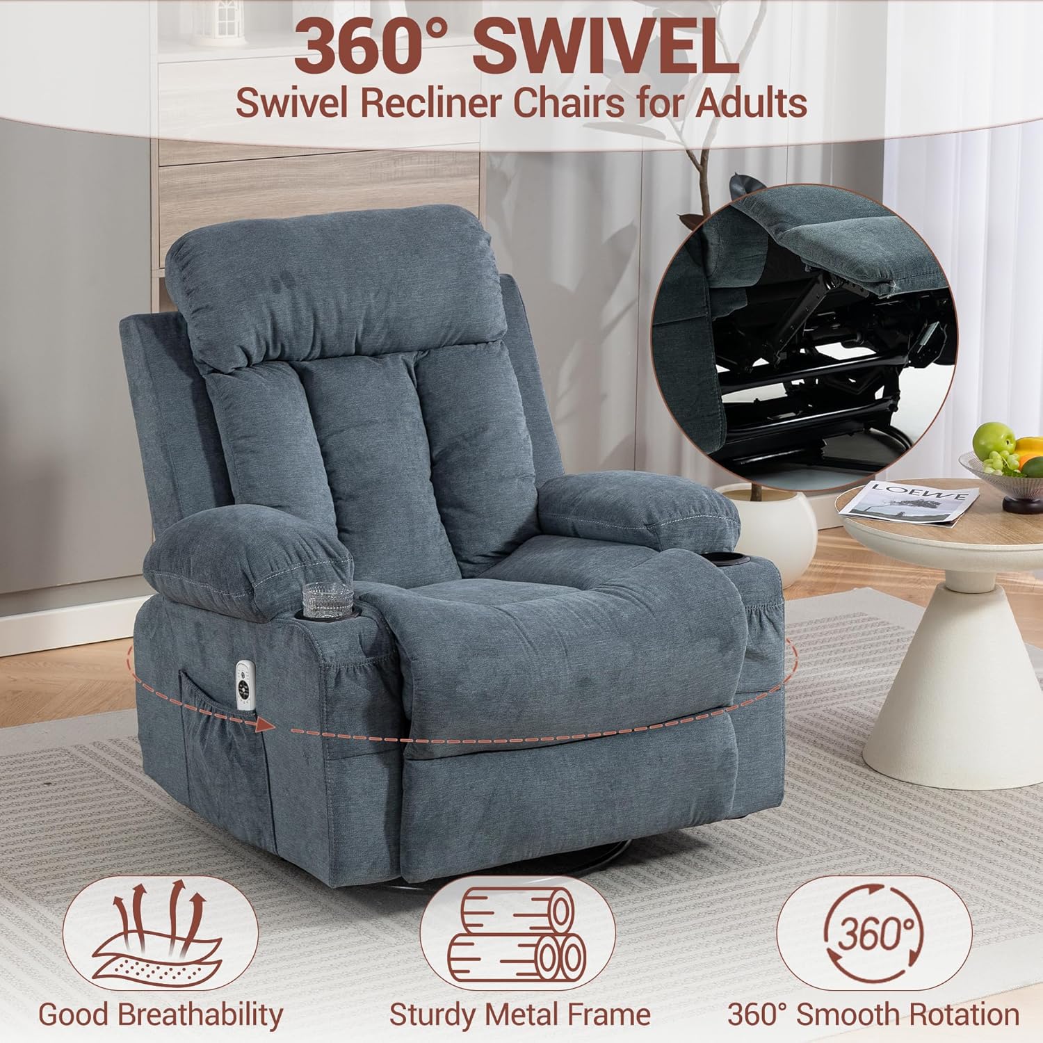 360° Swivel Rocking Chair, Rocker Recliner Chair with Vibration Massage and Heat, Ergonomic Lounge Chairs with Rocking Function and Side Pocket, Cup Holders, Blue