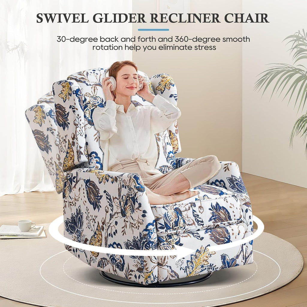 Swivel Rocker Recliner, Manual Nursery Rocker Recliner Chair, Wingback Swivel Recliner Chair, 360 Degree Glider Single Sofa Seat with Padded for Living Room (2, Blue)