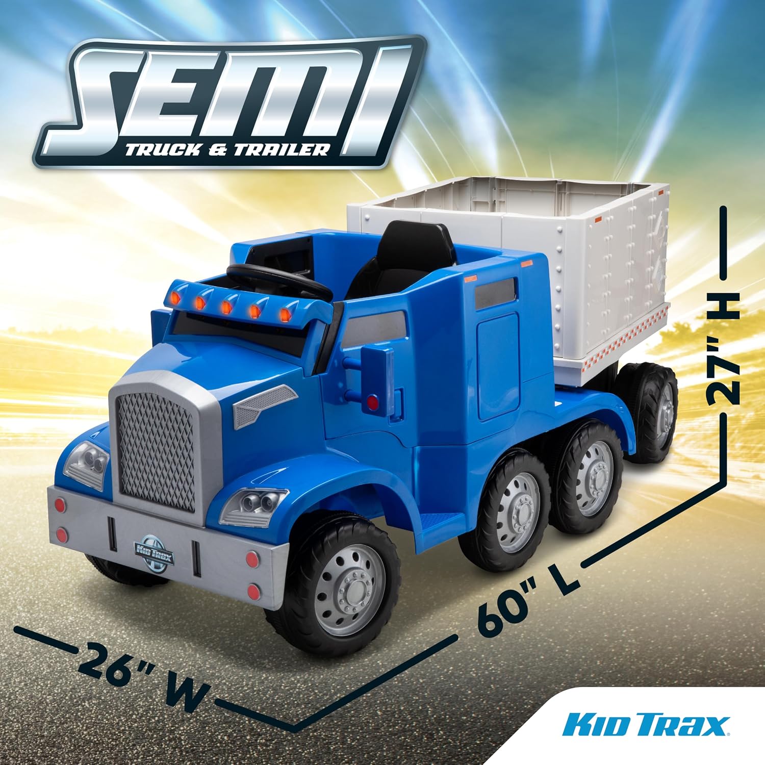Kid Trax 12V Semi-Truck and Trailer, Battery Powered Ride-On Toy Truck, Ages 3-5, Max Weight 77 lbs, One Rider, Working Lights, Horn, Sounds, Electric Cars for Kids Ages 3-5, Kids Ride On Toys, Blue