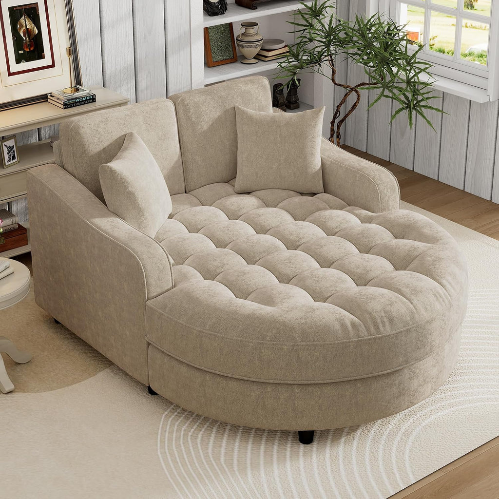 Merax 55' Modern Chaise Lounge Sofa Bed, Chenille Upholstered Couch with Tufted Seat and Removable & Adjustable Pillows for Living Room, Champagne
