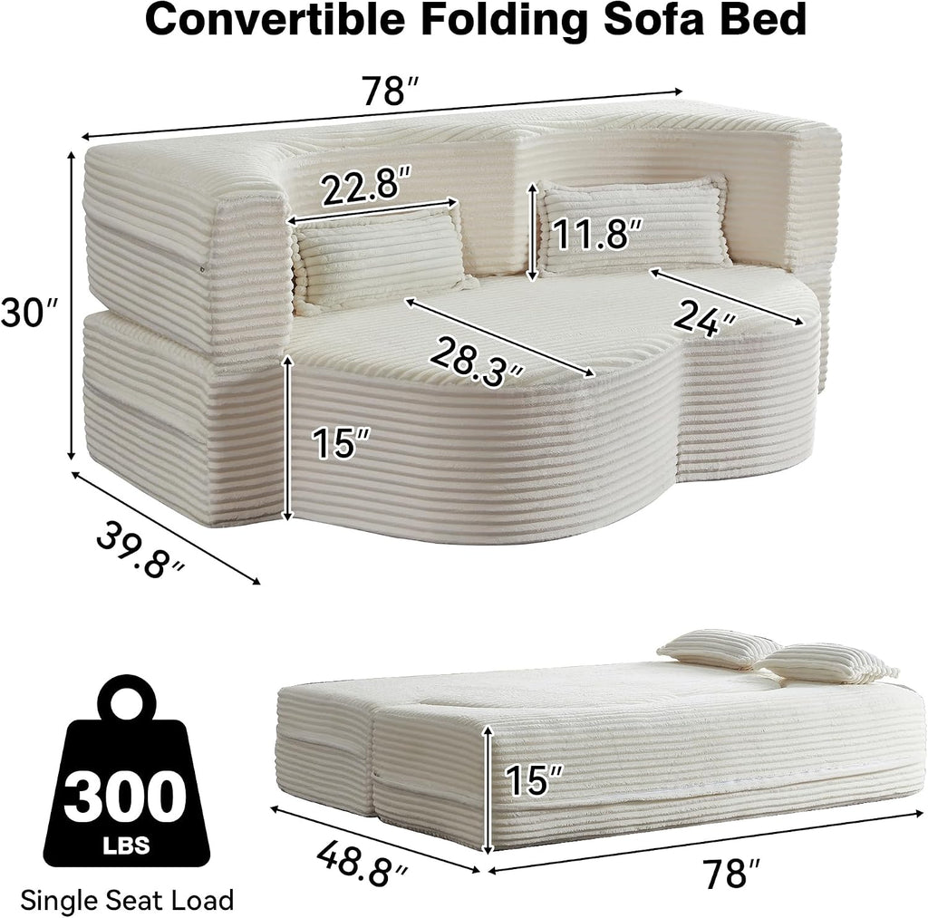 78' Twin Size Convertible Folding Sleeper Sofa Bed, Modern Corduroy Futon Sofa Bed with Pillow, Foam Mattress Loveseat Cloud Couch, No Assembly Floor Couches for Living Room, Playroom, Apartment Beige