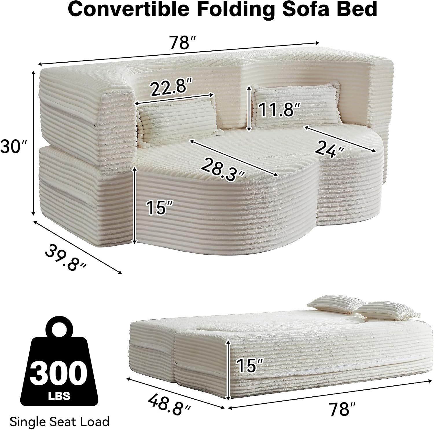 78' Twin Size Convertible Folding Sleeper Sofa Bed, Modern Corduroy Futon Sofa Bed with Pillow, Foam Mattress Loveseat Cloud Couch, No Assembly Floor Couches for Living Room, Playroom, Apartment Beige
