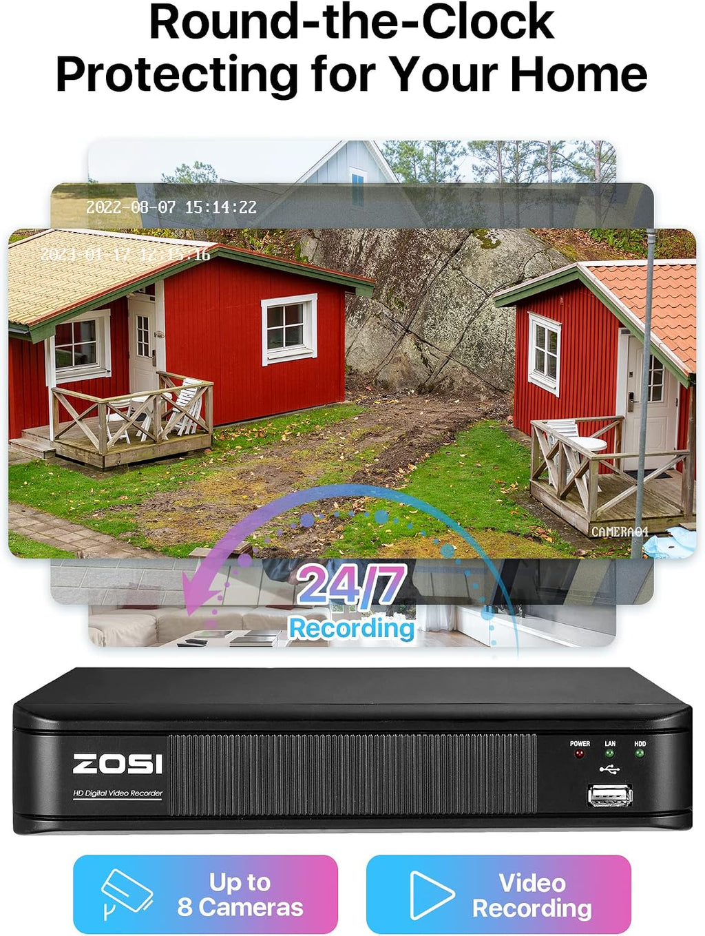 ZOSI H.265+ 1080p Home Security Camera System, 5MP-Lite 8 Channel CCTV DVR with Hard Drive 1TB, 4 x 1080p Weatherproof Surveillance Camera Outdoor Indoor, 80ft Night Vision, AI Human Vehicle Detection