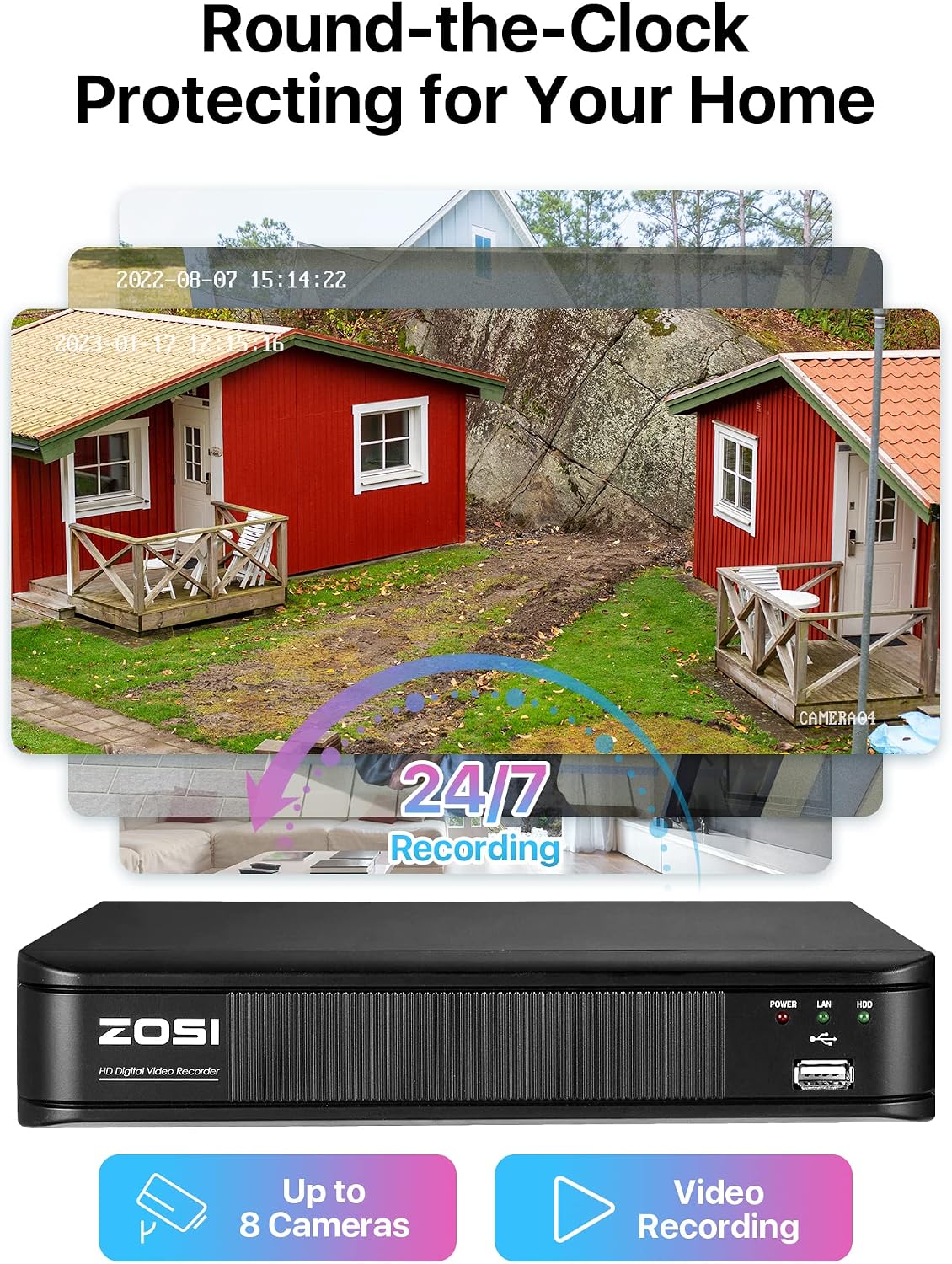 ZOSI H.265+ 1080p Home Security Camera System, 5MP-Lite 8 Channel CCTV DVR with Hard Drive 1TB, 4 x 1080p Weatherproof Surveillance Camera Outdoor Indoor, 80ft Night Vision, AI Human Vehicle Detection
