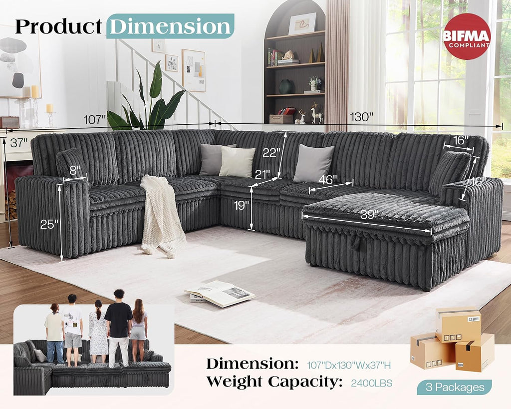 VanAcc 130' Sofa Bed, Sectional Sleeper Sofa with Pull Out Bed, Sleeper Couch for Living Room, 6 Seater Couch with Storage, Faux Fur Dark Grey