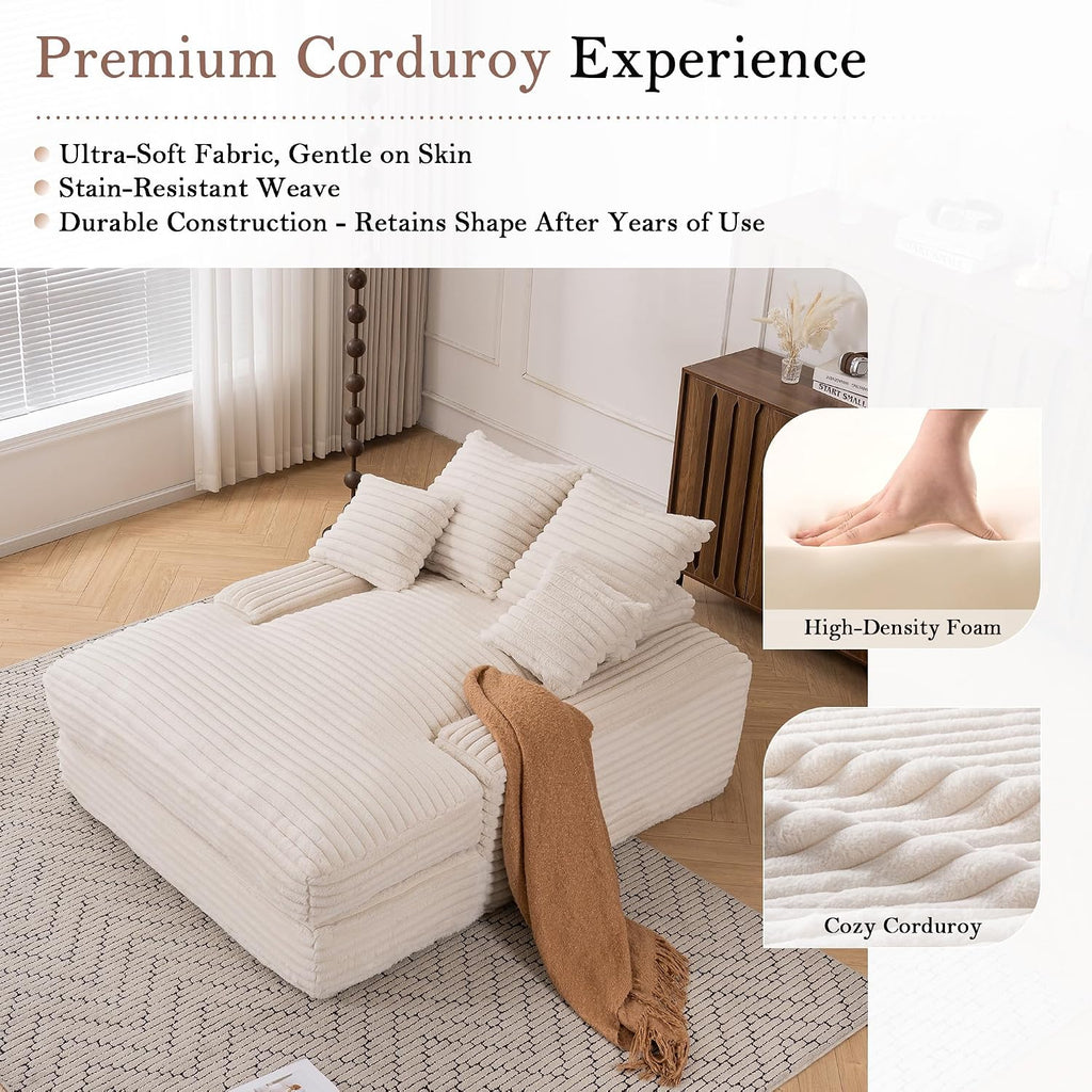 Ball & Cast Chaise Lounge Chair Indoor,Sleeper Sofa Bed W/ 4 Removable & Washable Pillows,54' Corduroy Couch Reading Lounge Chair W/Wide Armrest,for Living Room,No Assembly Required,Beige
