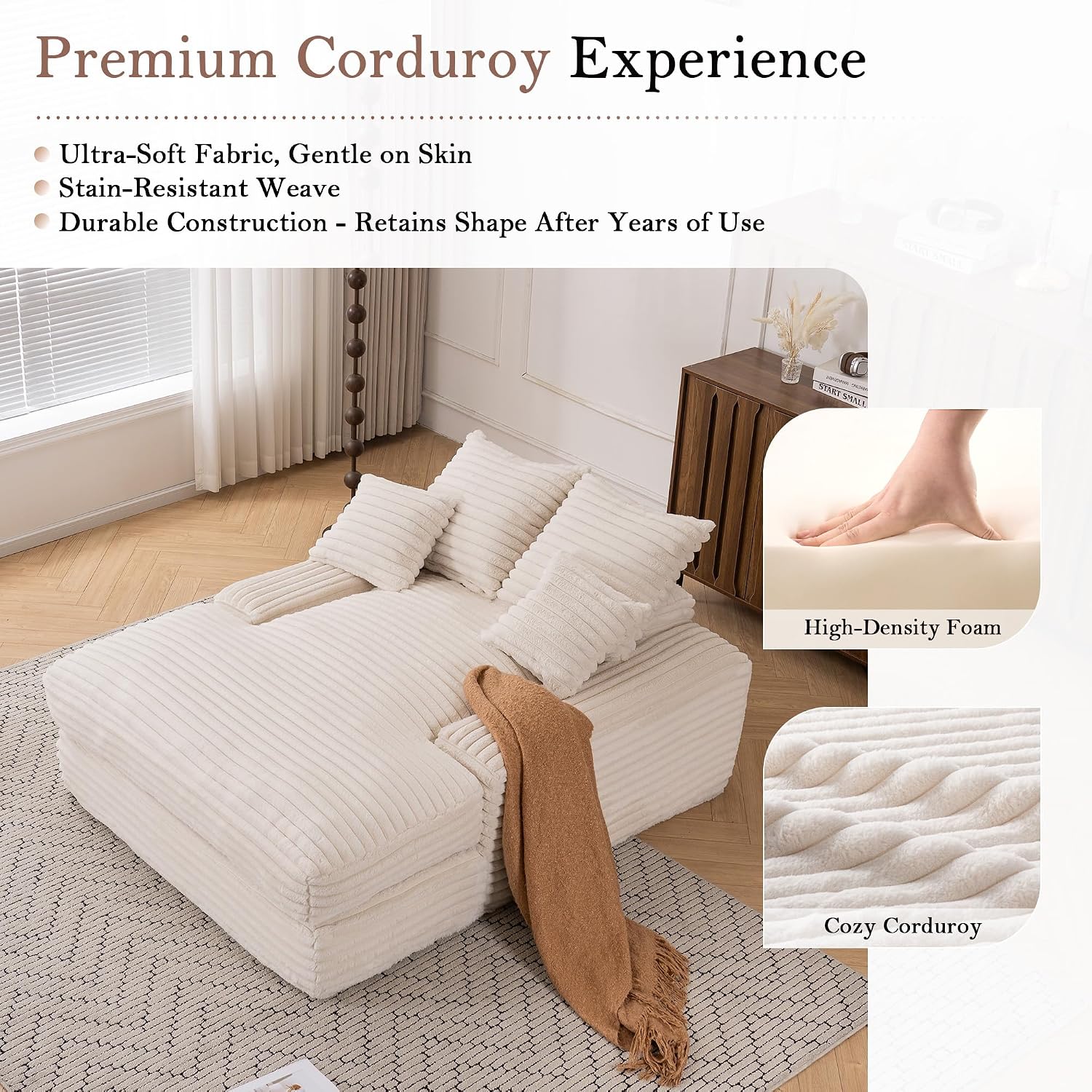 Ball & Cast Chaise Lounge Chair Indoor,Sleeper Sofa Bed W/ 4 Removable & Washable Pillows,54' Corduroy Couch Reading Lounge Chair W/Wide Armrest,for Living Room,No Assembly Required,Beige