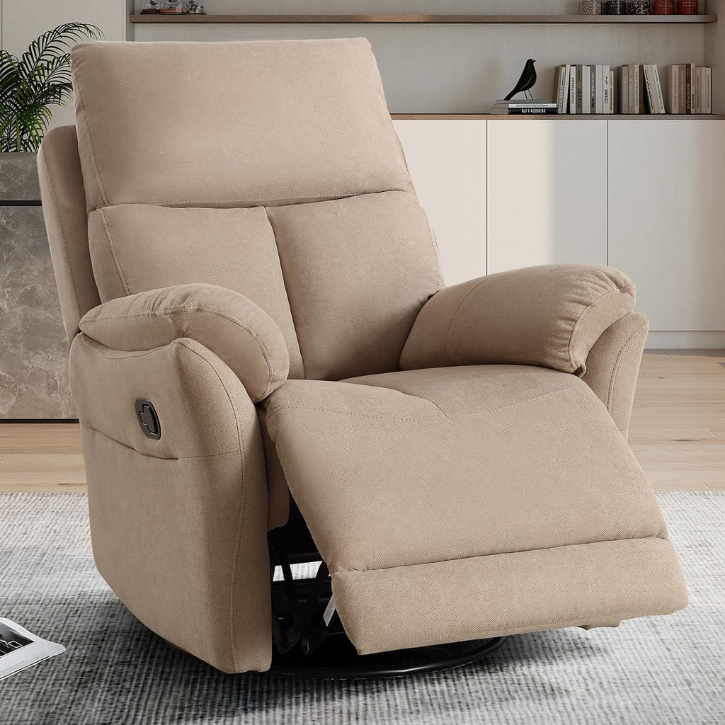 CANMOV Swivel Rocker Recliner, Manual Recliner with Overstuffed Cushion, Nursing Chairs for Living Room, Swivel Glider Recliners with Soft Backrest, Brown