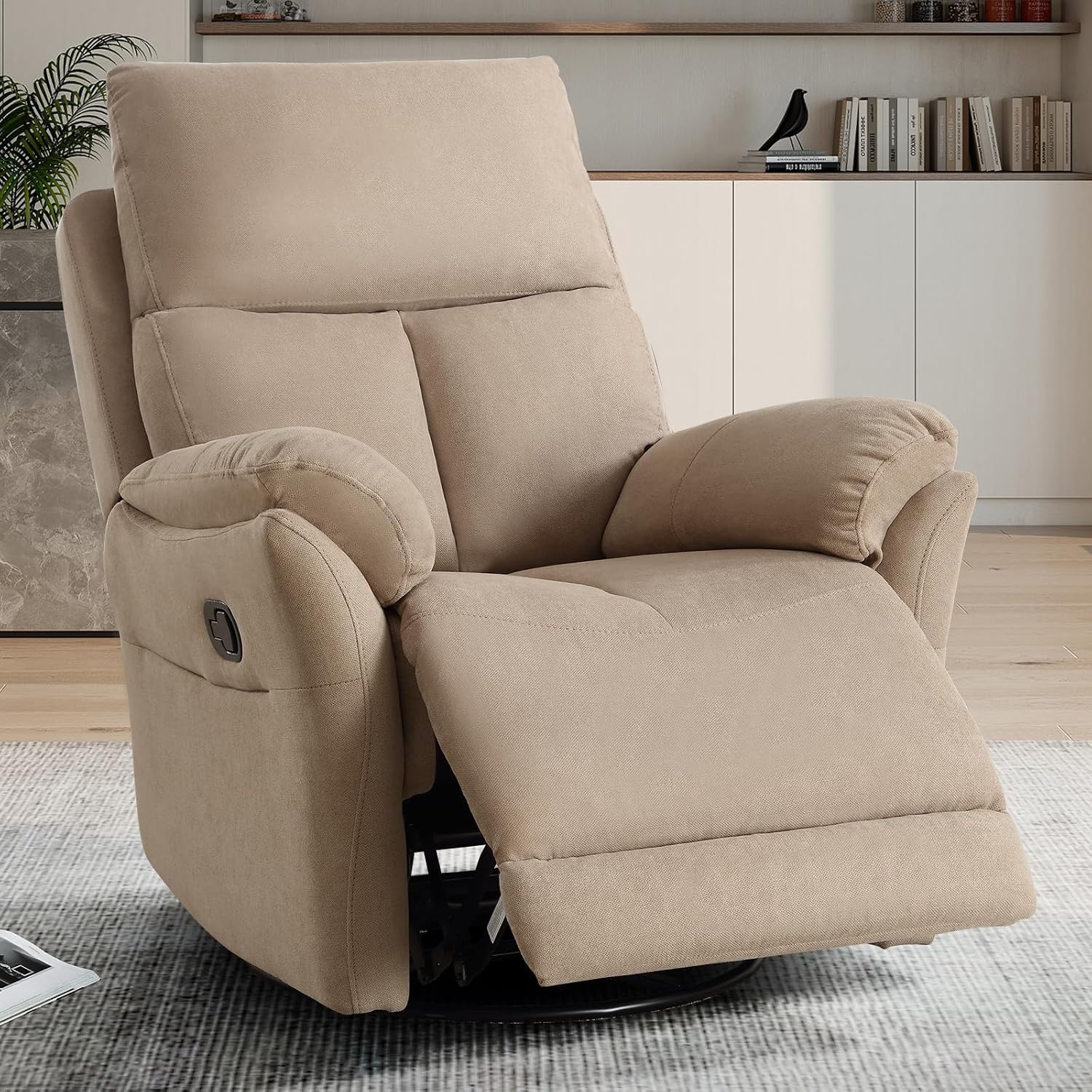 CANMOV Swivel Rocker Recliner, Manual Recliner with Overstuffed Cushion, Nursing Chairs for Living Room, Swivel Glider Recliners with Soft Backrest, Brown