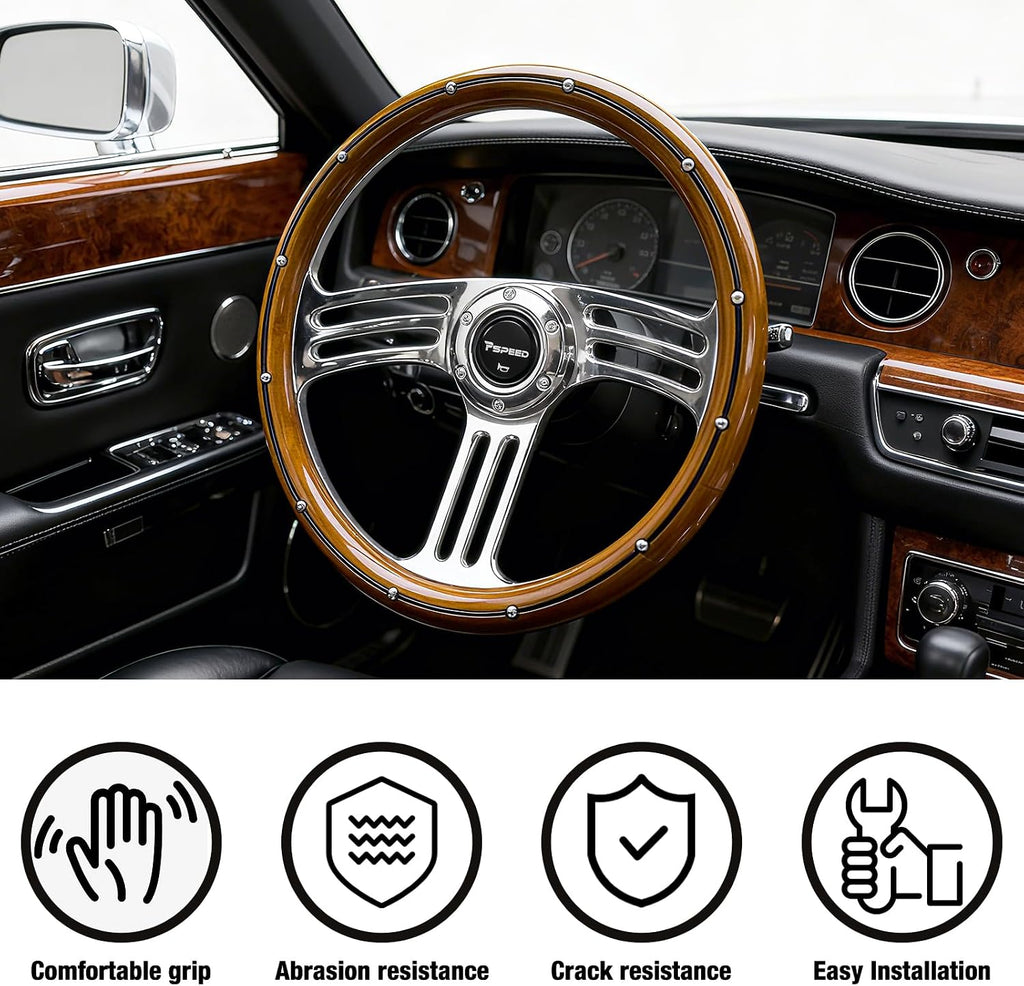 14 inch Solid Wood Steering Wheel,6 Bolt Hole 3 Spoke Chrome-Plated Aluminum Alloy Real Wood Grip Horn Button 70MM Deep Dish Fit for Cars,Racing,Vintage Car,350mm Classic Car steering wheel