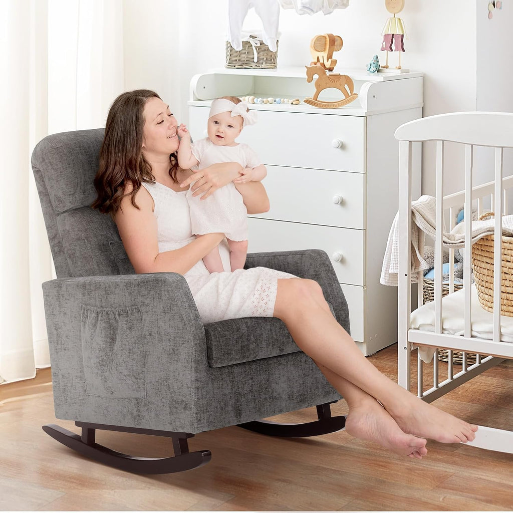ALPHA HOME Rocking Chair, Glider Chair for Nursery with Lumbar Pillow, High Back Rocker Armchair with Solid Wood Legs for Indoor Living Room, Baby Room, Bedroom(Grey)