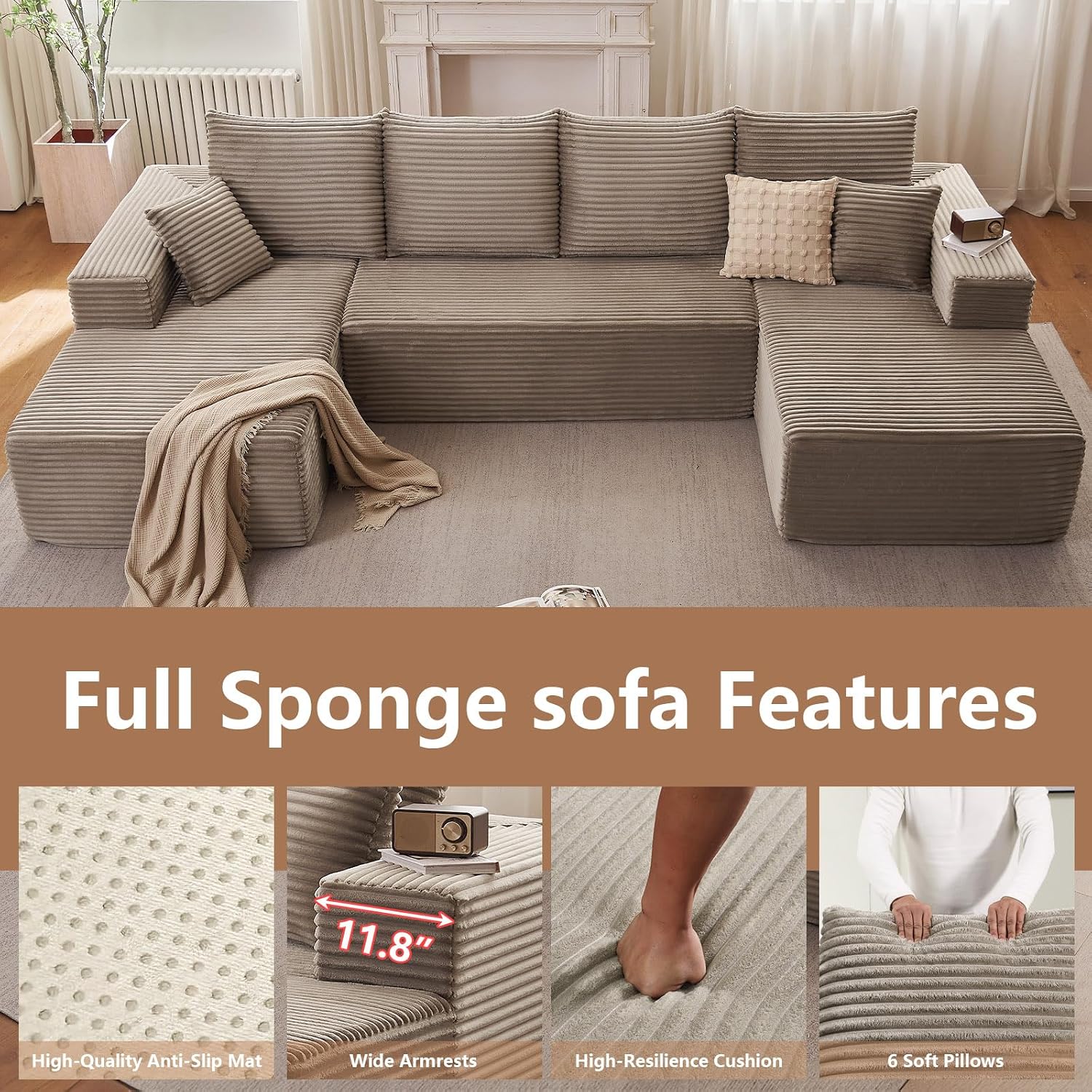 134.2' Modular Sectional Sofa, Modern Corduroy Cloud Couch with Deep Seat, Boneless Couch Upholstered 4-Seater U-Shaped Sofa for Living Room, No Assembly Required (Camel)