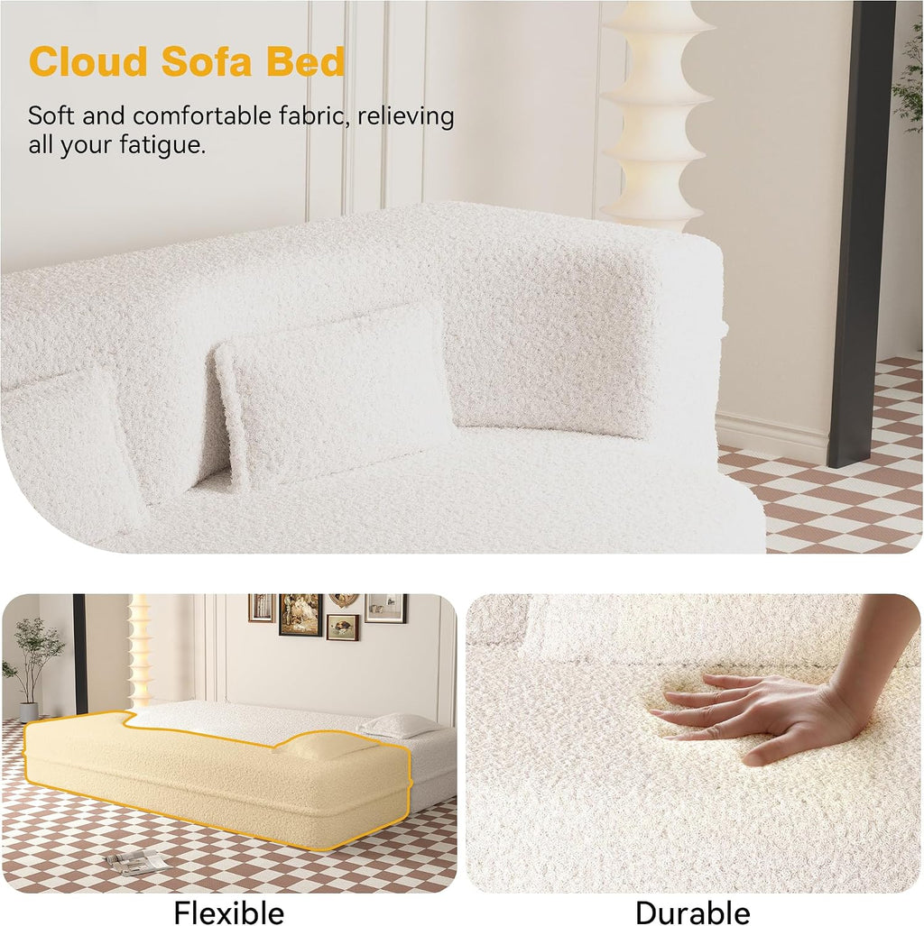 78' Twin Size Convertible Folding Sleeper Sofa Bed, Modern Teddy Fabric Futon Sofa Bed with Pillow, Foam Mattress Loveseat Cloud Couch, No Assembly Floor Couches for Living Room, Apartment, Beige
