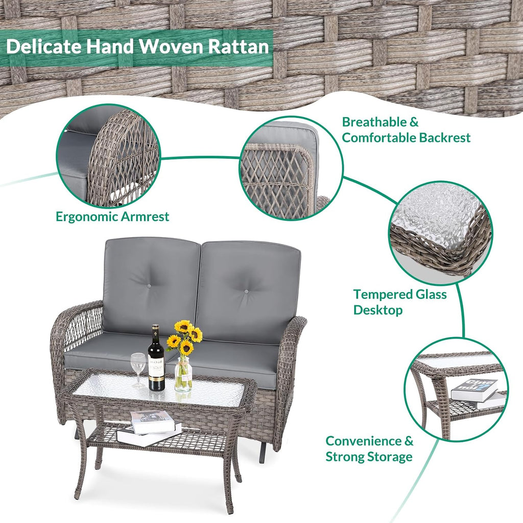 VIVIJASON 2-Piece Patio Wicker Loveseat Glider Set Cushioned, Outdoor Conversation Furniture Sets with 2-Seater Glider Rocking Bench, Coffee Table and Cushions for Porch Garden Poolside, Grey