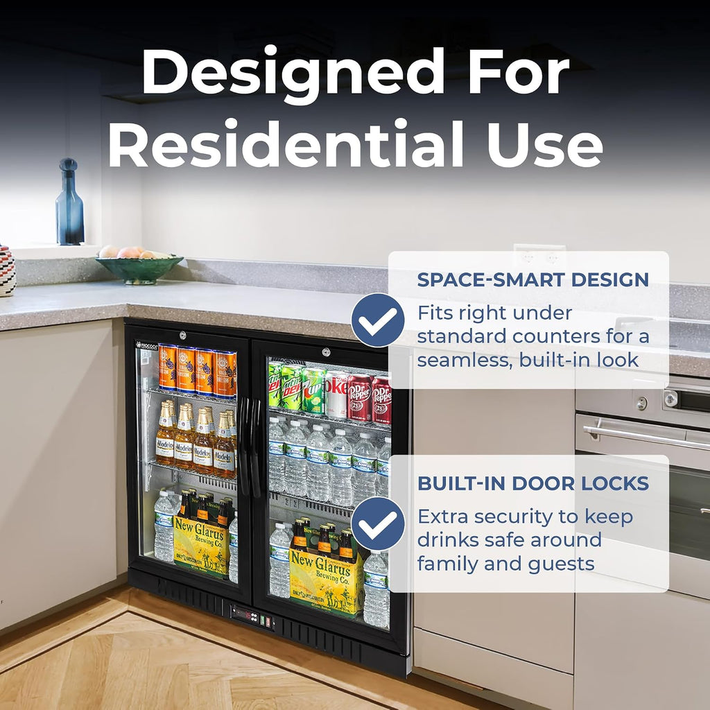 Procool 2-Door Undercounter Refrigerator - 33' Tall Energy Efficient Black Beverage Cooler With Glass Doors & White LED Lights - Residential Beverage Refrigerator For Entertaining Spaces & Home Bars