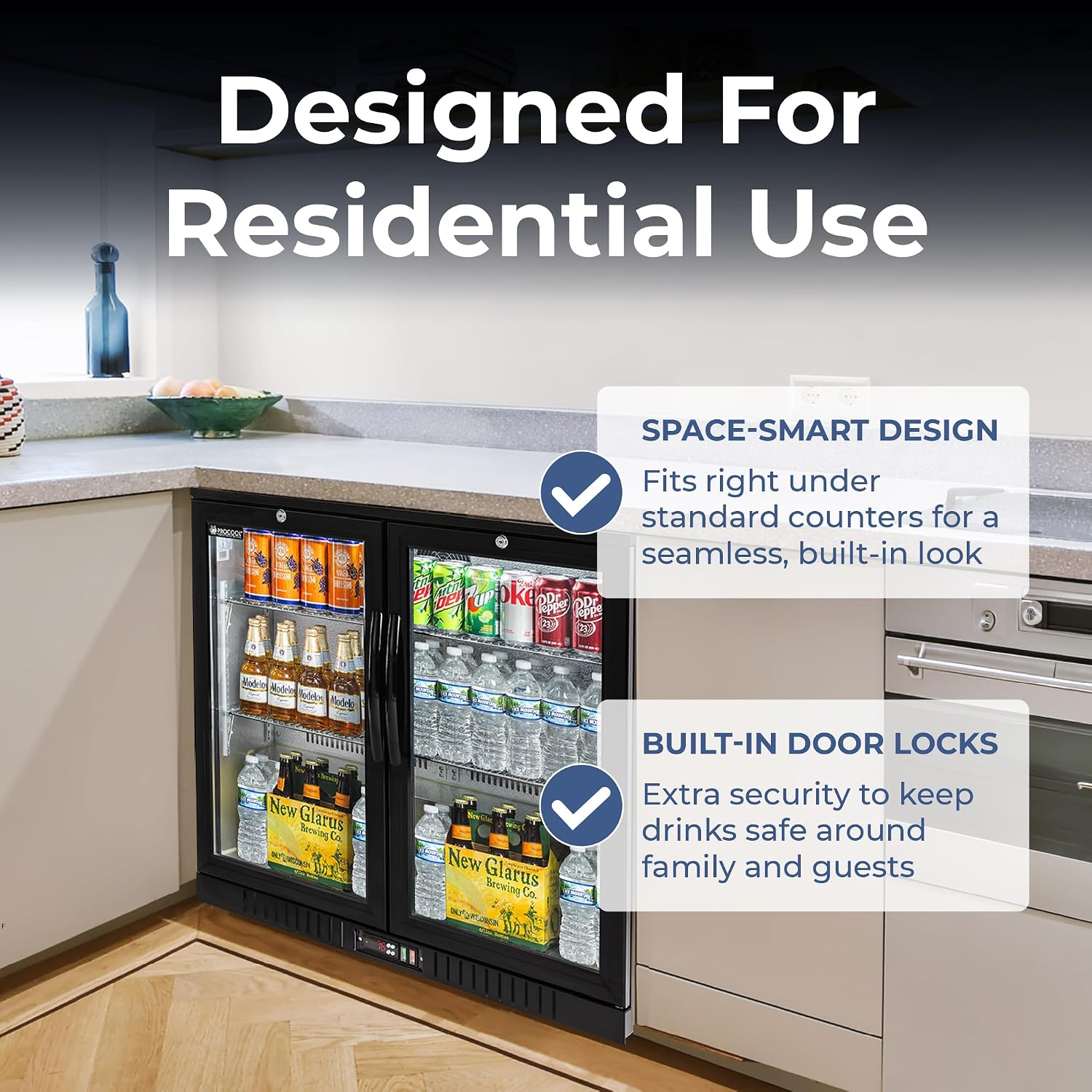 Procool 2-Door Undercounter Refrigerator - 33' Tall Energy Efficient Black Beverage Cooler With Glass Doors & White LED Lights - Residential Beverage Refrigerator For Entertaining Spaces & Home Bars