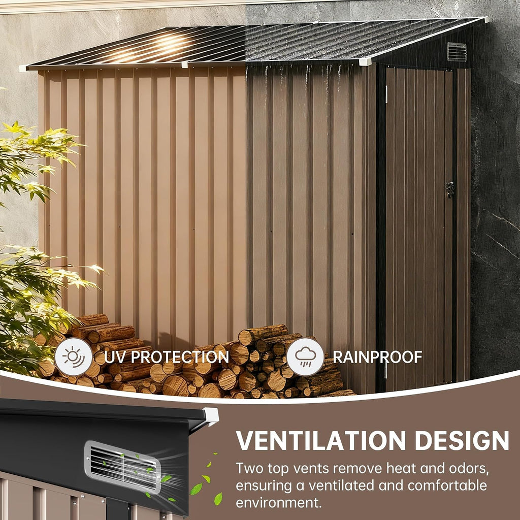 4x6 Lean to Yard Storage Shed, Outdoor Lean to Storage Sheds, Metal Wall Side Bike Shed with Lockable Door for Tool Garden Sheds for Patio Lawn Yard, Brown