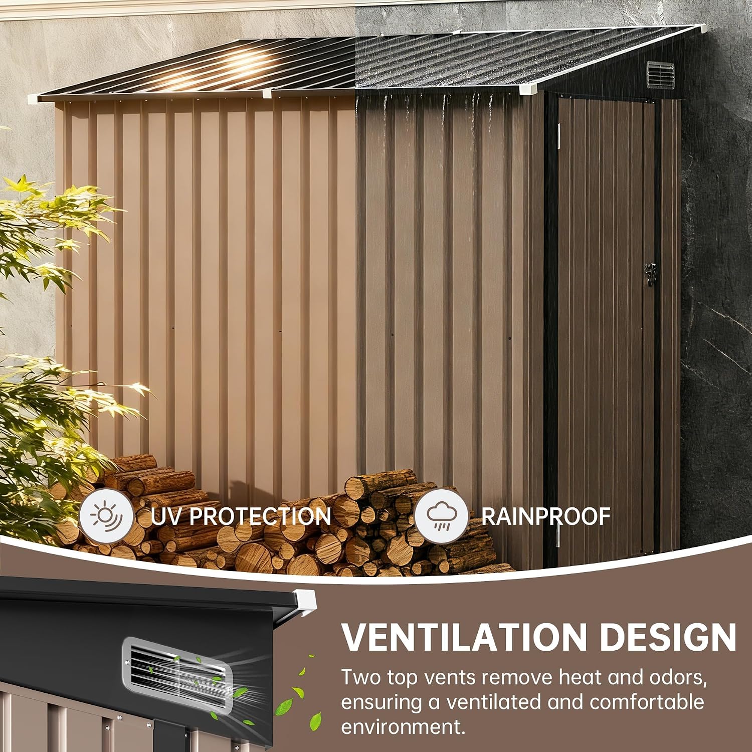 4x6 Lean to Yard Storage Shed, Outdoor Lean to Storage Sheds, Metal Wall Side Bike Shed with Lockable Door for Tool Garden Sheds for Patio Lawn Yard, Brown