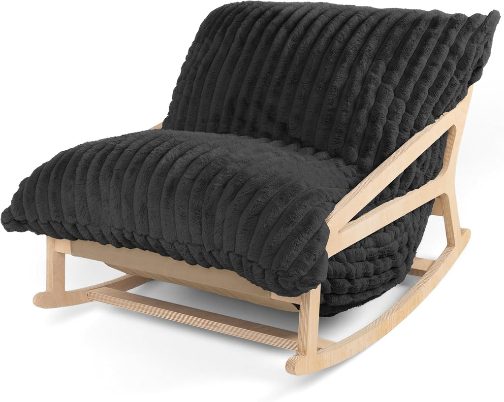 Pillow Saxx Bean Bag Rocking Chair - Elegant Oversized Rocker with Modern Wood Frame, Mondo Fur Black