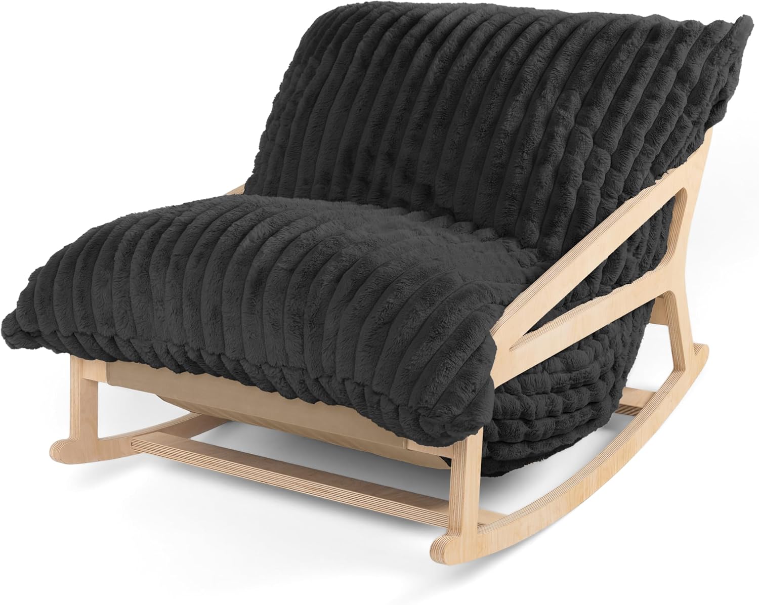 Pillow Saxx Bean Bag Rocking Chair - Elegant Oversized Rocker with Modern Wood Frame, Mondo Fur Black