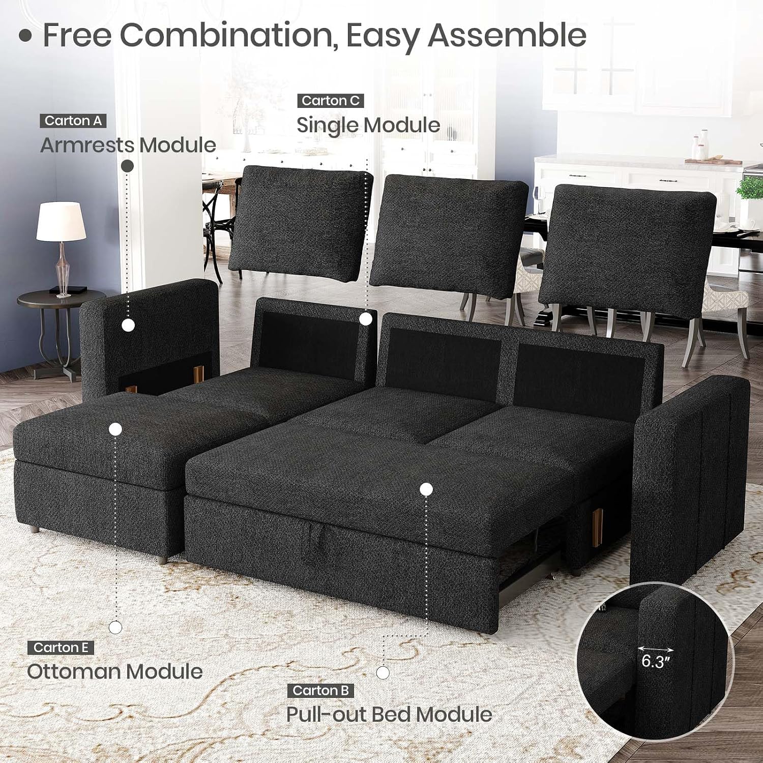 Belffin Modular Sectional Sofa with Sleeper Sofa Couch Pullout Bed, Oversized U Shaped Sleeper Sectional Couch with Storage Seat for Living Room, Dark Grey