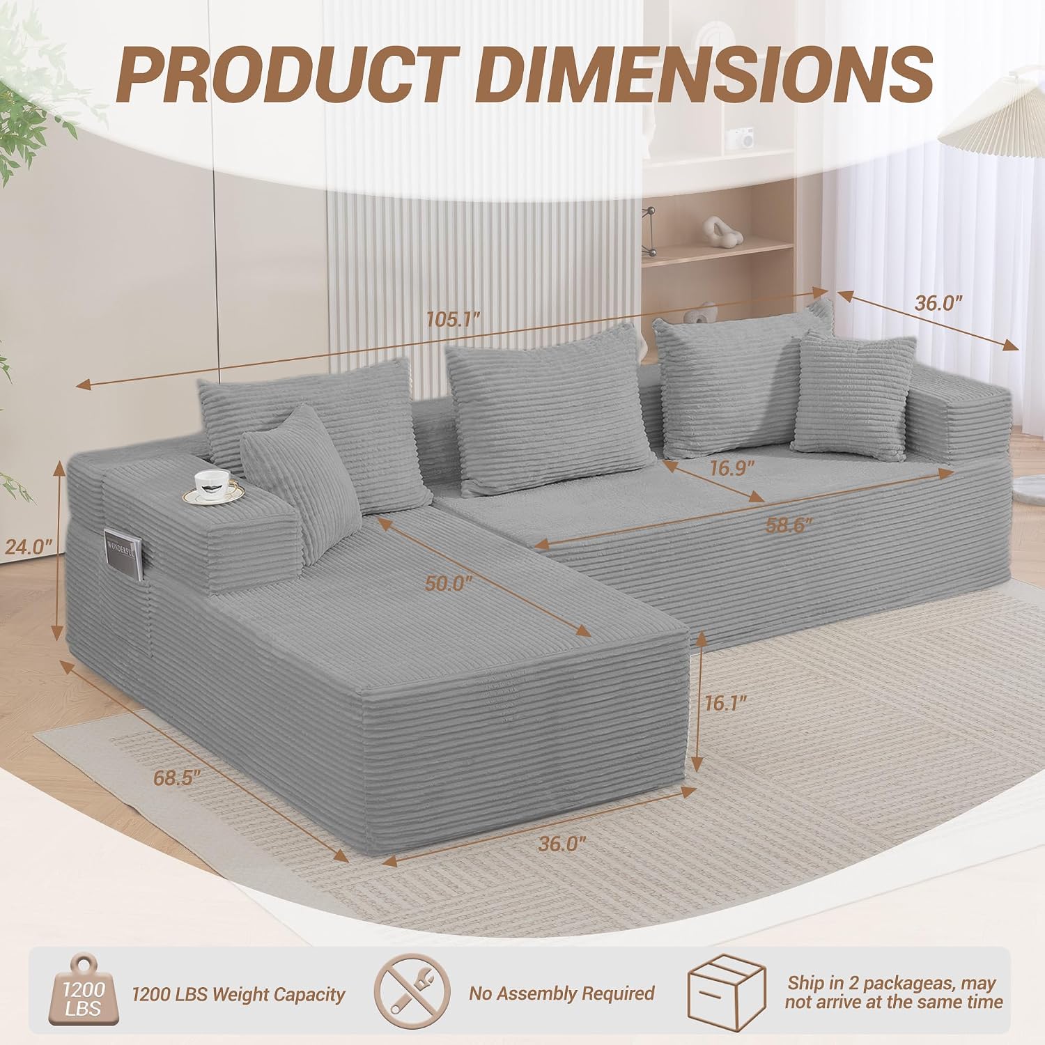 105'' Cloud Sectional Couch, Modular L-Shaped Boneless Sectional Sofa, Corduroy Deep Seat Couch, Small Space Sofas for Living Room Bedroom Apartment, No Assembly, Grey