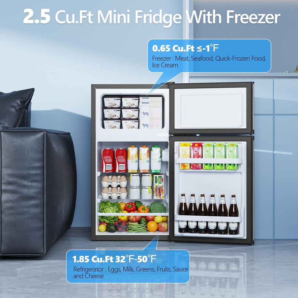 Electactic 2.5 Cu.Ft Mini Fridge with Freezer, Double-Door Compact Refrigerator, Adjustable Glass Shelves, Mechanical Thermostat & Built-in Casters, Space-Saving for Apartment/Dorm/Office, Silver