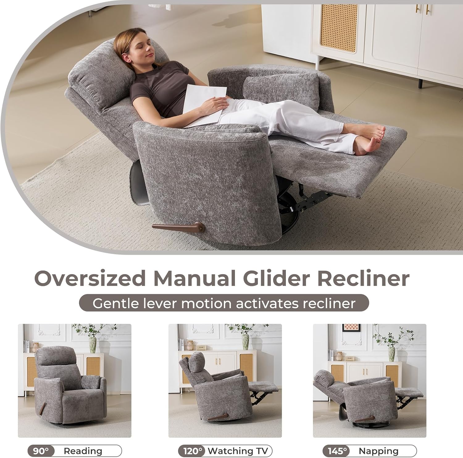 Oversized Swivel Rocker Recliner Chair with Massage and Heat, Manual Swivel Glider Rocker Recliner with 2 Bolster Pillows, Rocking Nursery Chair with Storage Ottoman , Adjustable Headrest, Dark Grey