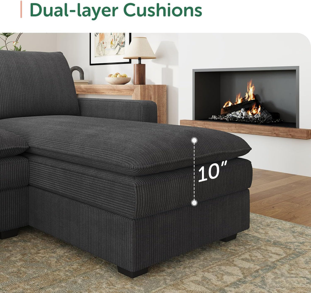 HONBAY 127.2 Inch Corduroy Cloud Modular Sectional Sofa with Chaise, Deep Seat U-Shaped Couch with Storage for Living Room, Apartment, Small Space,Dark Grey