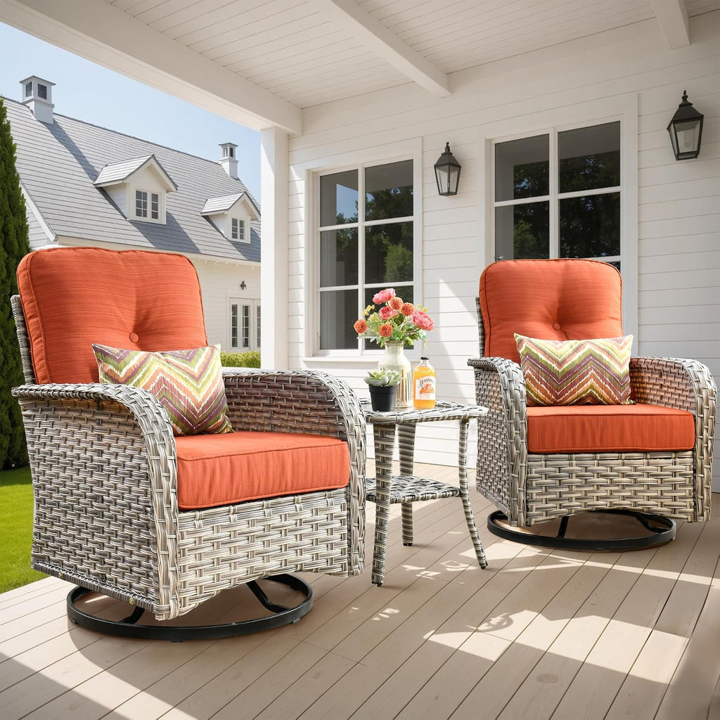 ovios Outdoor Swivel Rocking Chair Set of 3 with Coffee Table, Patio Wicker Rocker with Comfortable Thicken Deep Seating, Comfy Rattan Glider Chairs for Porch Deck Balcony Garden Backyard, Orange