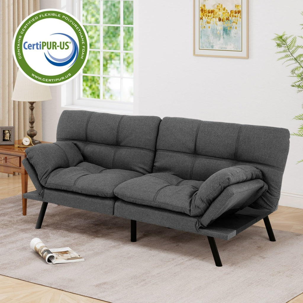 MUUEGM 71' Futon Sofa Bed, Cozy Convertible Loveseat Sleeper, Linen Fabric Couch with Adjustable Back & Arms for Living Room, Guest Room - Charcoal