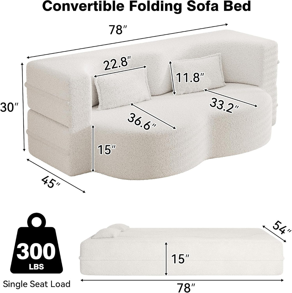 78' Full Size Convertible Folding Sofa Bed, Modern Teddy Fabric Futon Sofa Bed with 2 Pillows, Foam Mattress Futon Loveseat Couch, No Assembly Floor Couches for Living Room, Playroom, Apartment, Beige