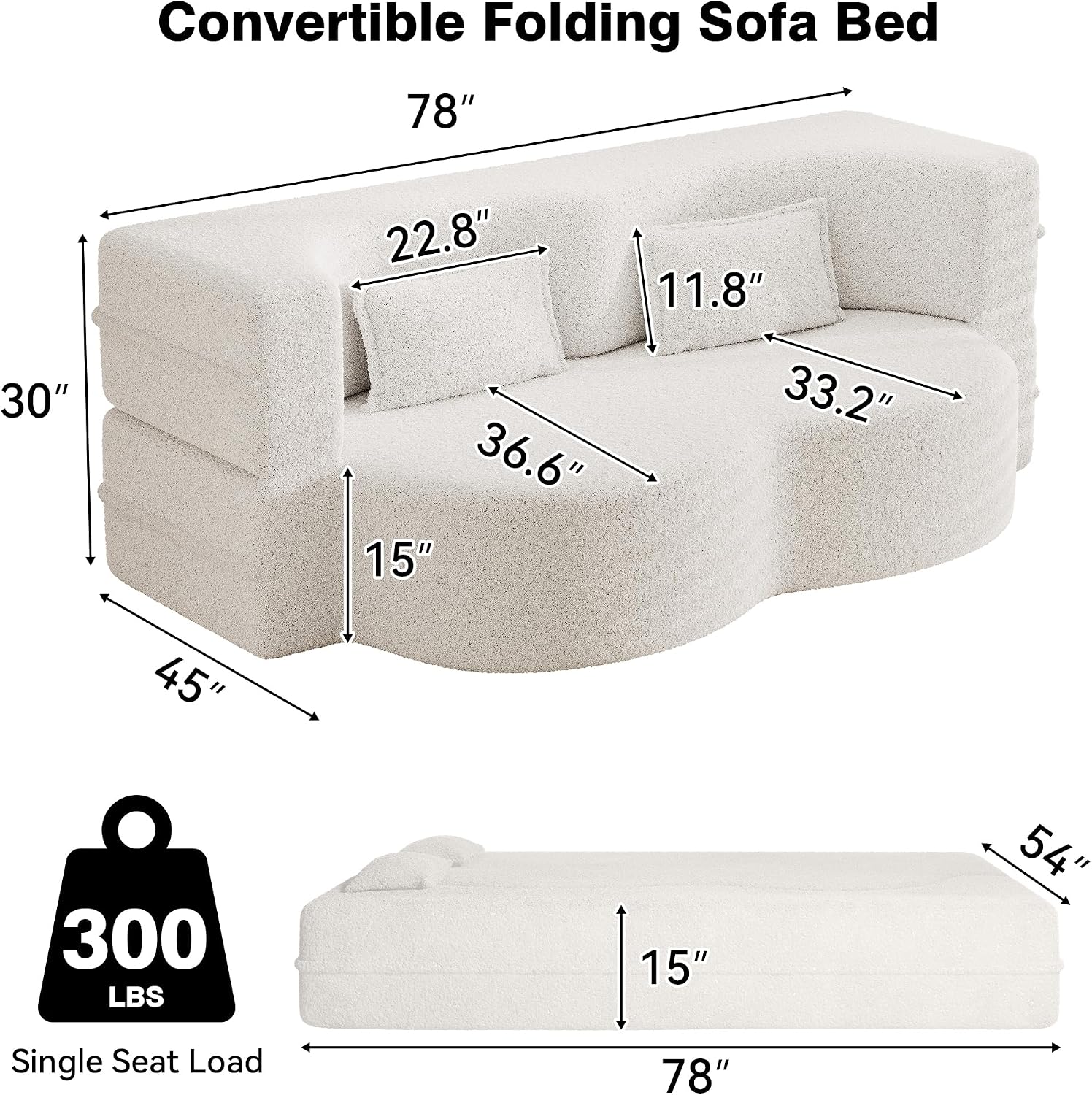 78' Full Size Convertible Folding Sofa Bed, Modern Teddy Fabric Futon Sofa Bed with 2 Pillows, Foam Mattress Futon Loveseat Couch, No Assembly Floor Couches for Living Room, Playroom, Apartment, Beige