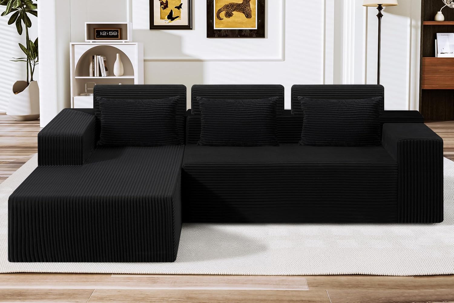 HABUTWAY Sectional Couches for Living Room,No Assembly L Shaped Couch 105' Modular Sectional Sofa Couch with Deep Seat,Cloud Couches Furniture Sets for Apartment,Corduroy (Black, Left Facing)