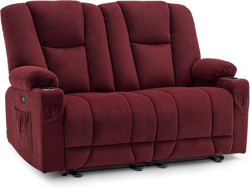 MCombo Zero Gravity Power Loveseat Sofa, Heat and Massage, Reclining Loveseat for Living Room, Fabric 6035SET (Burgundy, Loveseat)
