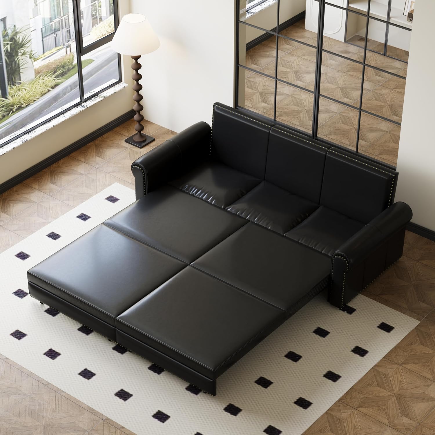 Eafurn 93.7' King Size Pull Out Sofa Bed, 3-in-1 Convertible Sleeper Sofa Couch Bed with Nailhead Decor and Rolled Arms, Faux Leather Oversized Chesterfield Loveseat Chaise Lounge