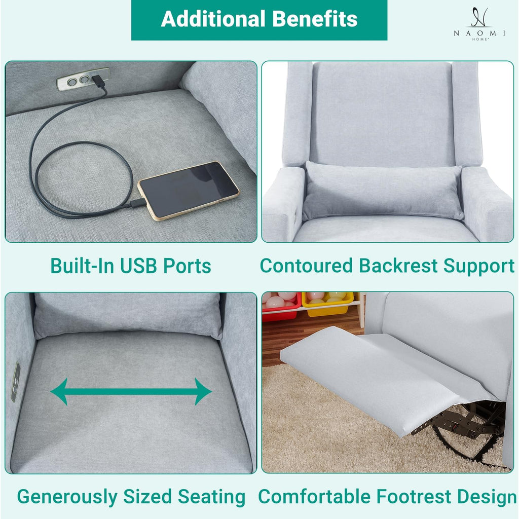 Naomi Home Tanya Luxury Motion Recliner Chair, Light Gray – Plush Upholstered Glider Rocker with USB Charging, Swivel, and Lumbar Support for Nursery Comfort, 275 lbs Capacity
