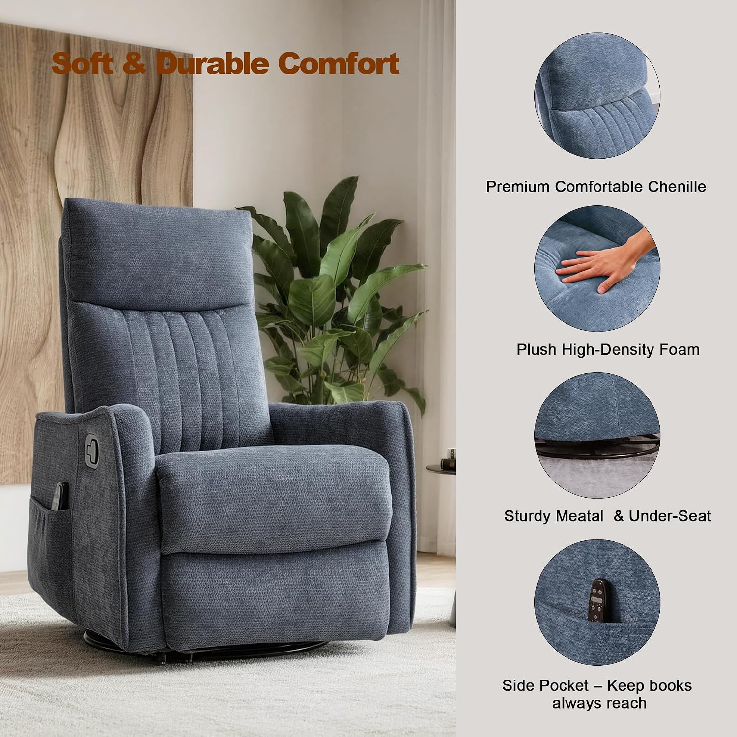 Casaphoria 360° Swivel Rocking Recliner Chair with Heat and Massage Upholstered Fabric Nursery Glider with Side Pocket for Living Room,Bedroom,Home Theater and RV Small Space(Blue)