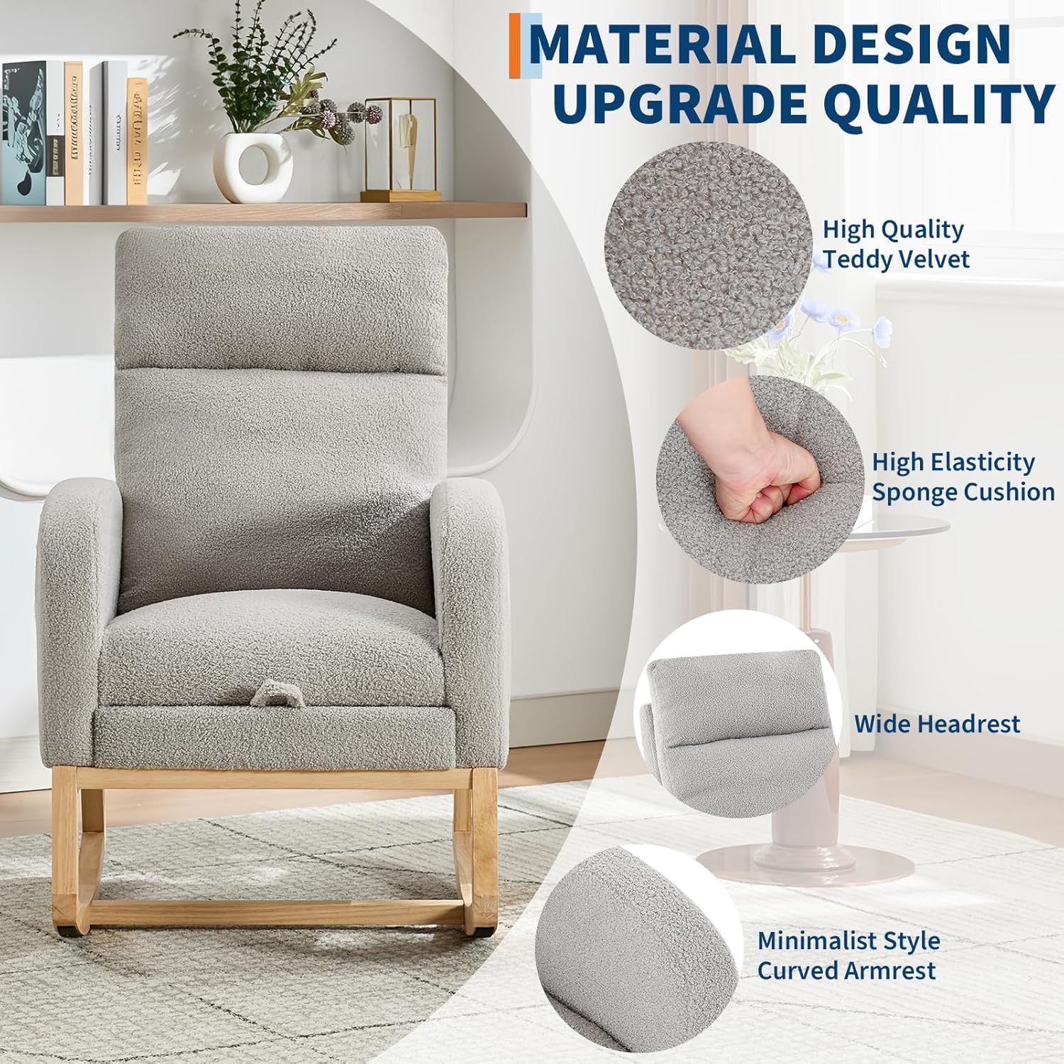 Fabric Rocking Nursery Chair for Mom Nursery,Rocking Chairs with Foot Rest,Recliner Armchair with High Backrest& Wood Legs and Side Pocket for Living Room,Bedroom,Gray