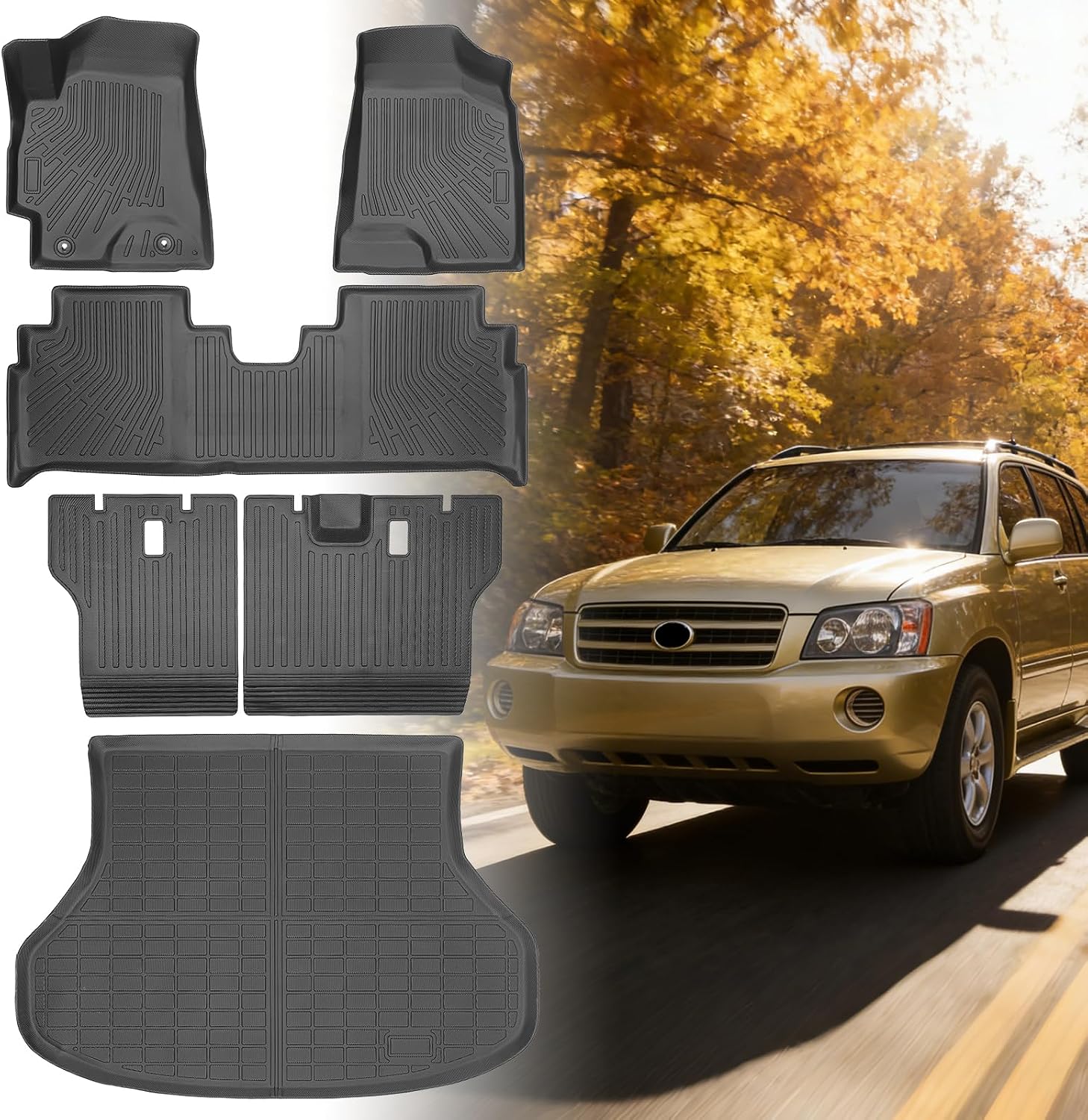 Floor Mats for Toyota Highlander 2001 2002 2003 2004 2005 2006 2007, NOT for with 3rd Row or Hybrid, ONLY 5seats, Floor Mats for Highlander Base Limited Sport,TPE Floor Liners&Seatback Mat&Cargo Liner