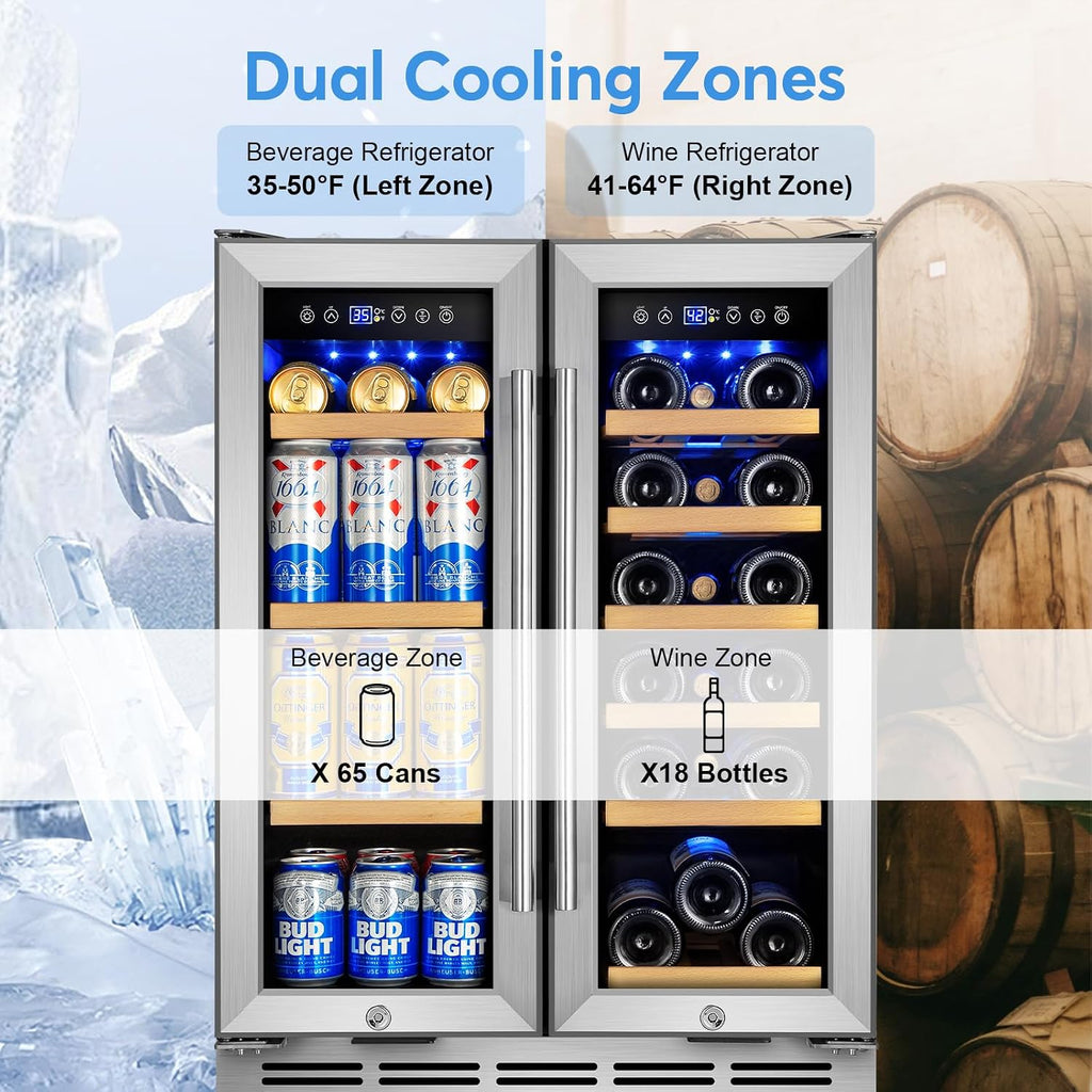 FoMup Wine and Beverage Refrigerator with Glass Door, 24-Inch Dual Zone Wine Fridge Under Counter - 18 Bottle and 88 Can Large Capacity Led Blue Light Smart Fast Cooling Wine Cooler