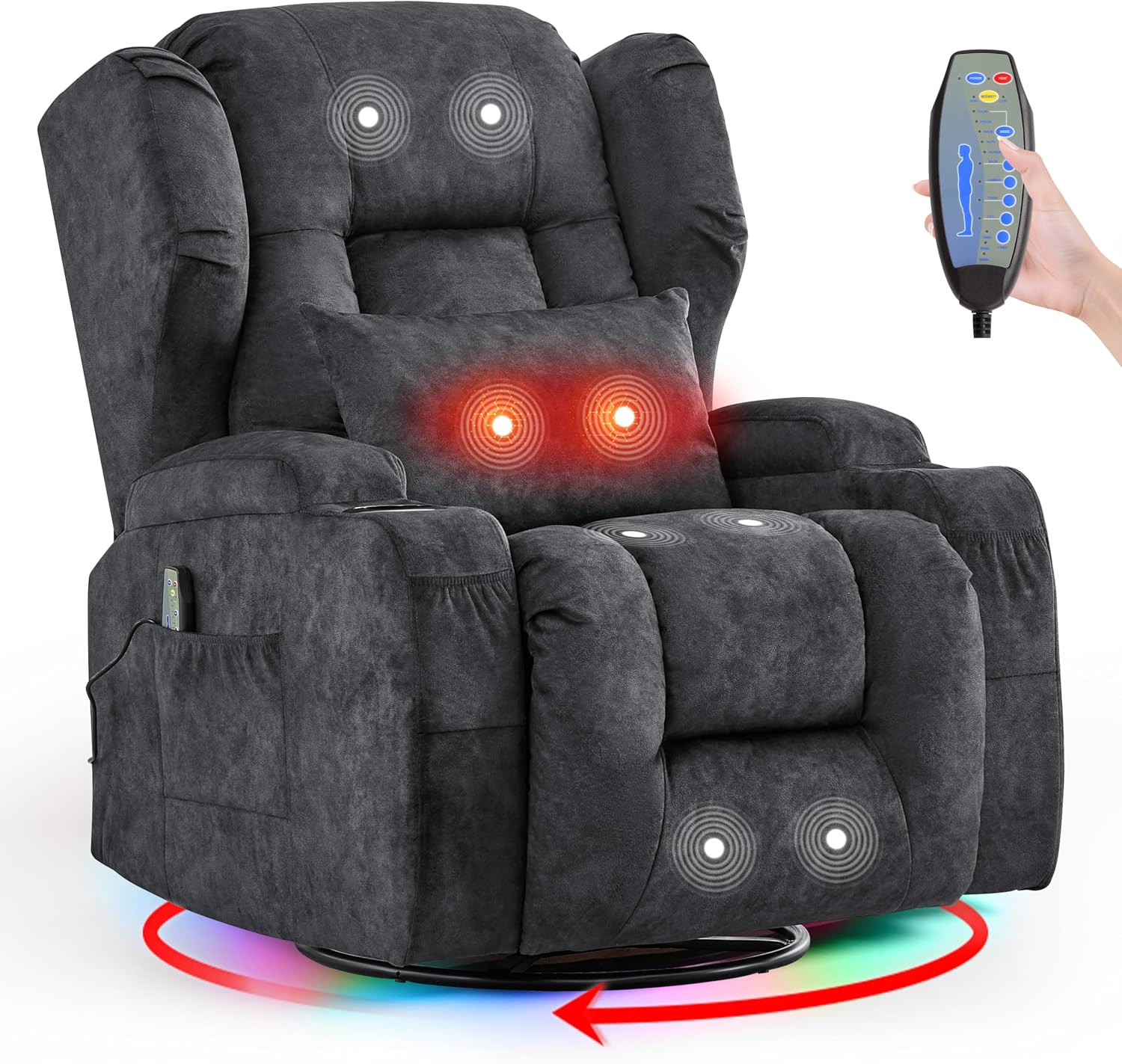BINGTOO Dual Motor Power Swivel Rocker Recliner Chair with Massage & Heat, Electric Wall Hugger Glider Chair for Adults, Nursery with LED Lights, USB-C Ports & Cup Holders, Velvet Gray, 1 Chair