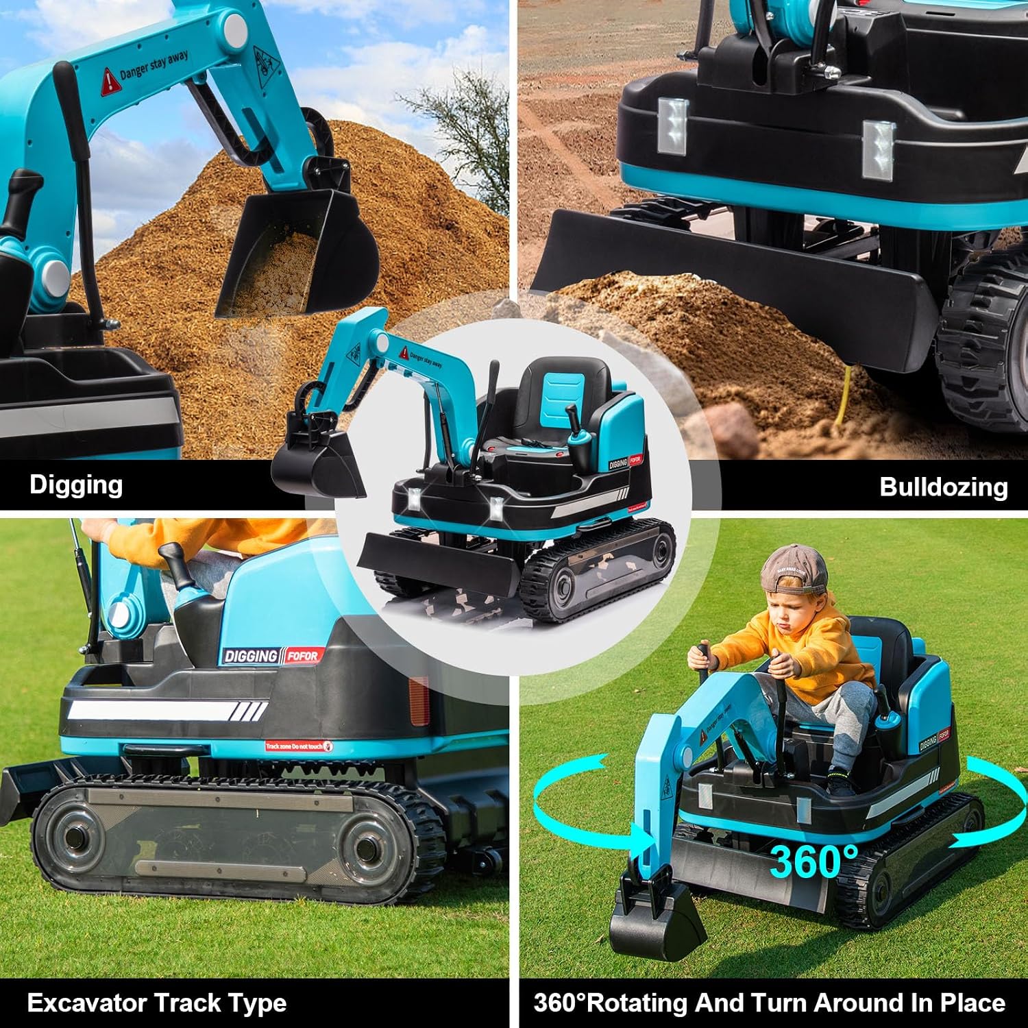 360 Degree Rotating Ride On Excavator and Bulldozer,JOYLDIAS 12V12AH Battery Powered Ride On Toy Backhoe W/Track Design Wheels for All Terrain,Remote Control,MP3,Toolbox for Kids,Parent,Blue