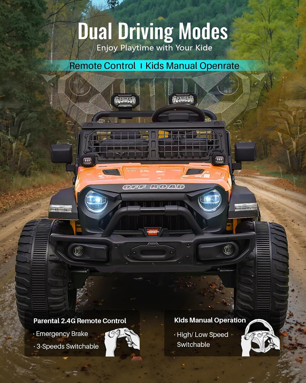 Blitzshark 24V MAX Ride-on Truck 2 Seater 4WD Kids Electric Vehicle 4x4 XXL Battery Powered Car, with 480W Ultra Powerful Motor, 7AH Battery, Remote Control, Full-Metal Suspension& DIY Sticker, Golden